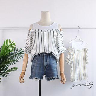 Cut Out Shoulder Striped Elbow Sleeve Top