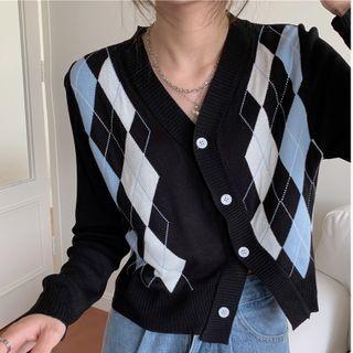 Asymmetrical Color Block Argyle Cardigan