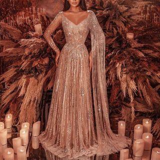 Long-sleeve V-neck Fringed A-line Evening Gown