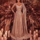 Long-sleeve V-neck Fringed A-line Evening Gown