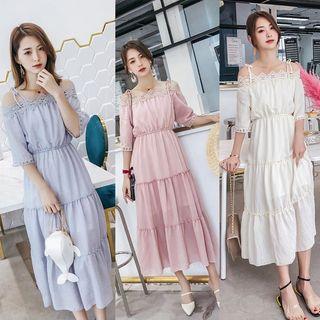 Crochet Trim Off Shoulder Elbow Sleeve Midi Dress