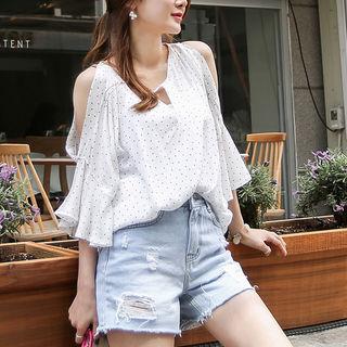Cutout-shoulder Ruffle-sleeve Dot Top