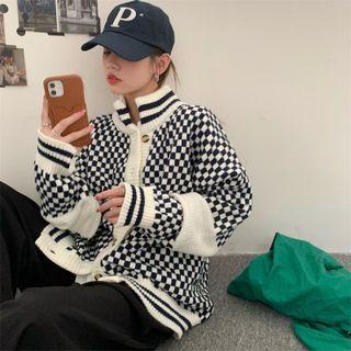 Stand Collar Checkerboard Cardigan Check - Black & White - One Size
