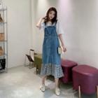 Short-sleeve Lettering T-shirt / Midi Denim Jumper Dress