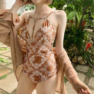 Printed Cutout Open Back Swimsuit