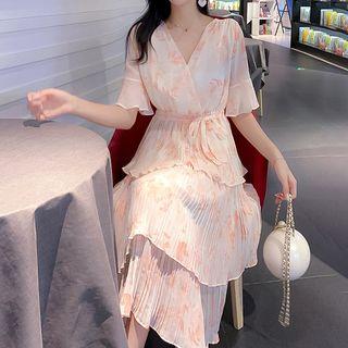 Elbow-sleeve Chiffon A-line Midi Tiered Dress