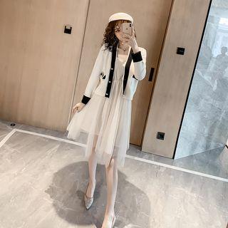Set: Contrast Trim Cardigan + Spaghetti-strap A-line Mesh Dress