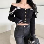 Off-shoulder Sailor Collar Button-up Crop Top