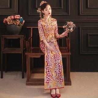 Traditional Chinese 3/4-sleeve Rhinestone A-line Wedding Gown