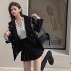 Velvet V-neck Blazer / V-neck Lace Top / Pleated Skirt