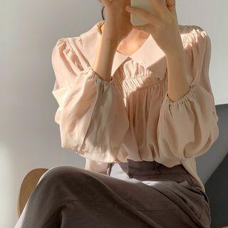 Lantern Sleeve Collared Ruched Blouse