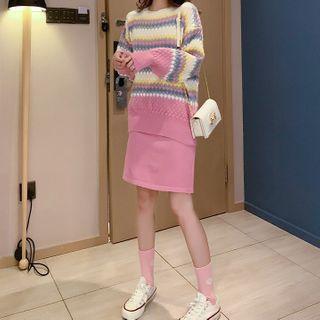 Set : Puff-sleeve Loose-fit Sweater + Knit Skirt