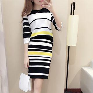 Set: Elbow-sleeve Striped Knit Top + Skirt