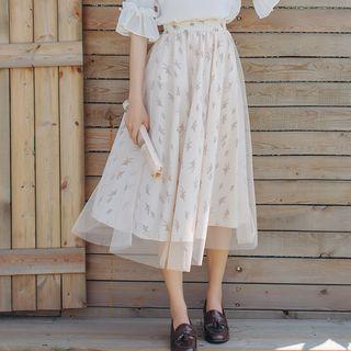 Floral Print Mesh Overlay Midi Skirt