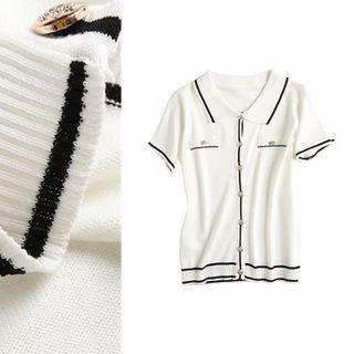 Contrast-trim Short-sleeve Lapel Knit Top
