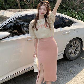 Elbow-sleeve Lettering Knit Top / Slit Midi Pencil Skirt