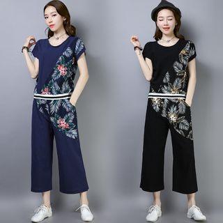 Set: Print Short-sleeve T-shirt + Crop Wide Leg Pants