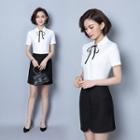 Tie Waist Short-sleeve Blouse / High Waist Pencil Skirt / Set