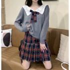 Long-sleeve Lace Collar Bow Sweater / Plaid Mini Skirt