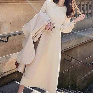 Crew-neck Long-sleeve Midi A-line Knit Dress