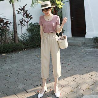 Set: Short Sleeve Plain T-shirt + Paperbag Waist Cropped Pants