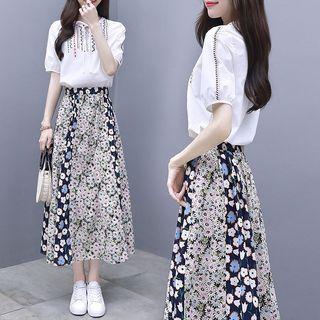 Set: Short-sleeve Embroidered Top + Floral Paneled A-line Midi Skirt