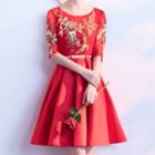 Elbow-sleeve Embroidered Short Prom Dress