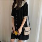 Elbow-sleeve Color Block Buttoned Dress