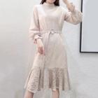 Long-sleeve Lace Ruffle Dress With Belt