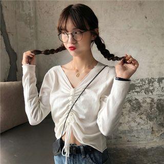 Drawstring V-neck Long-sleeve Knit Top