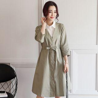 3/4-sleeve Mock Two Piece A-line Shirt Dress