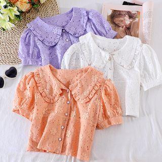Peter Pan Collar Puff-sleeve Cutout Top