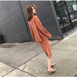Set: Plain Long-sleeve Sweater + Knit Skirt