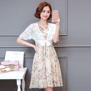 Set: Lace Light Jacket + Floral Print Sleeveless Dress