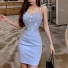 Spaghetti Strap Faux Pearl Studded Sheath Dress