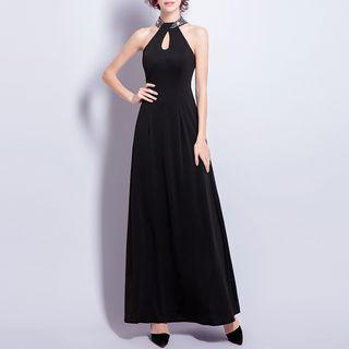 Sleeveless Rhinestone A-line Evening Gown