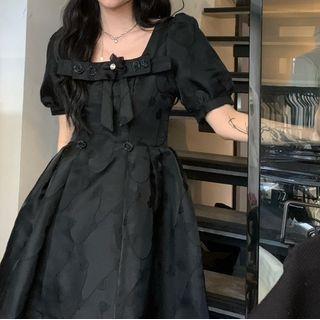 Short-sleeve Square Neck Mini A-line Dress Black - One Size