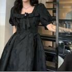Short-sleeve Square Neck Mini A-line Dress Black - One Size