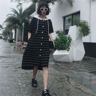 Dip-back Striped Hooded Shirtdress
