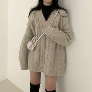 Long-sleeve V-neck Plain Cable-knit Dress