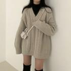 Long-sleeve V-neck Plain Cable-knit Dress