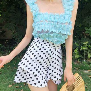 Wide-strap Frill Trim Chiffon Top / Polka Dot High-waist Shorts