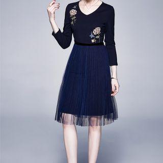 Mesh Panel Embroidered 3/4-sleeve A-line Dress