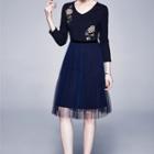 Mesh Panel Embroidered 3/4-sleeve A-line Dress