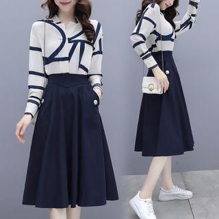 Set Of 2 - Print Long-sleeve Shirt + A-line Skirt