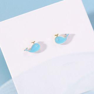 925 Sterling Silver Whale Earring 1 Pair - Light Blue - One Size