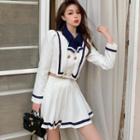 Set: Double Breasted Sailor-collar Cropped Blouse + Pleated Mini Skirt