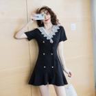 Short-sleeve Double Breasted Lace Collar A-line Mini Dress