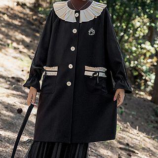 Pleated Collar Cat Print Single-breasted Long Jacket