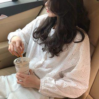 Eyelet Lace Long-sleeve Blouse White - One Size